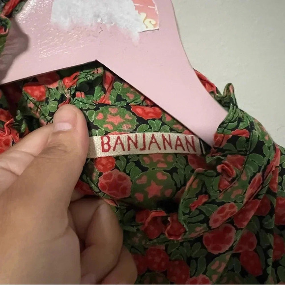 Banjanan Green Red Floral 100% Cotton Smocked Mini Dress XS - Picture 4 of 8